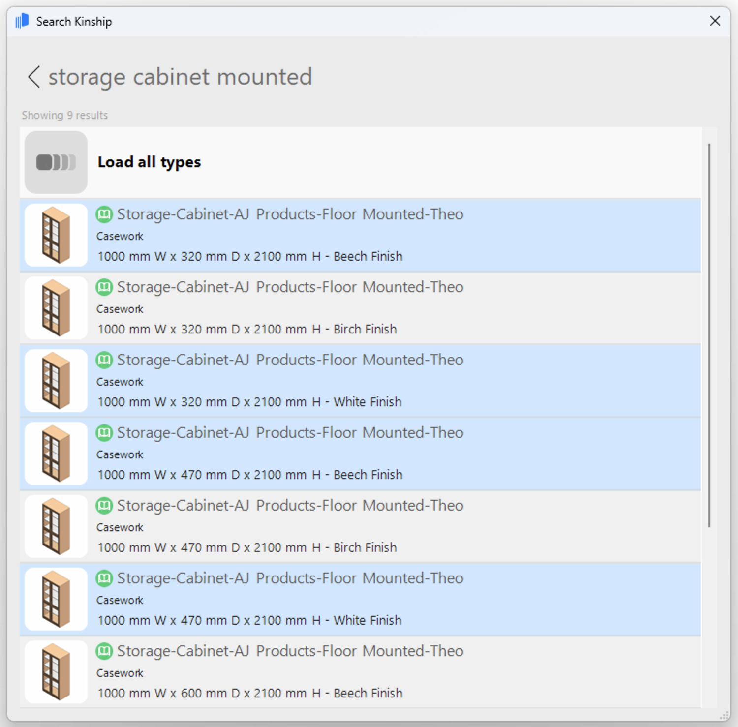 Types list in the Revit search showing multiple types selected.